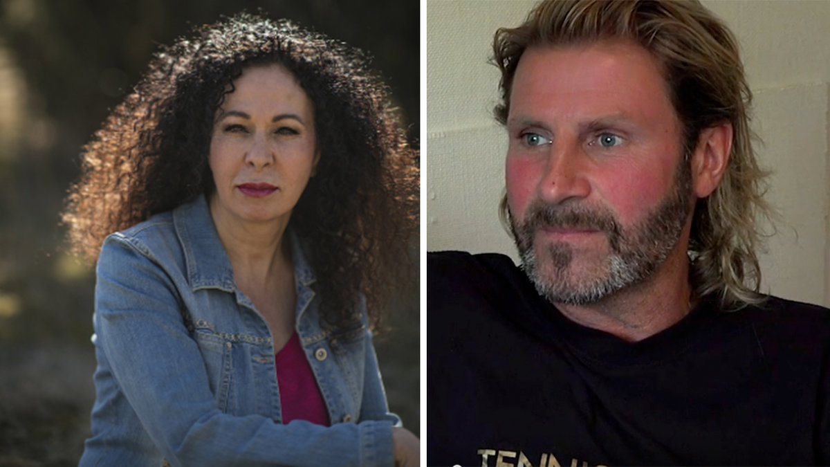 en svarthårig kvinna i jeansjacka, en blond hårig man i svart t-shirt