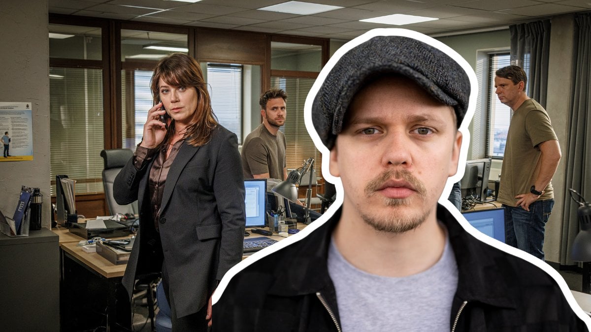 Beck karaktärerna i bakgrunden, Valter Skarsgård utklippt i mitten.