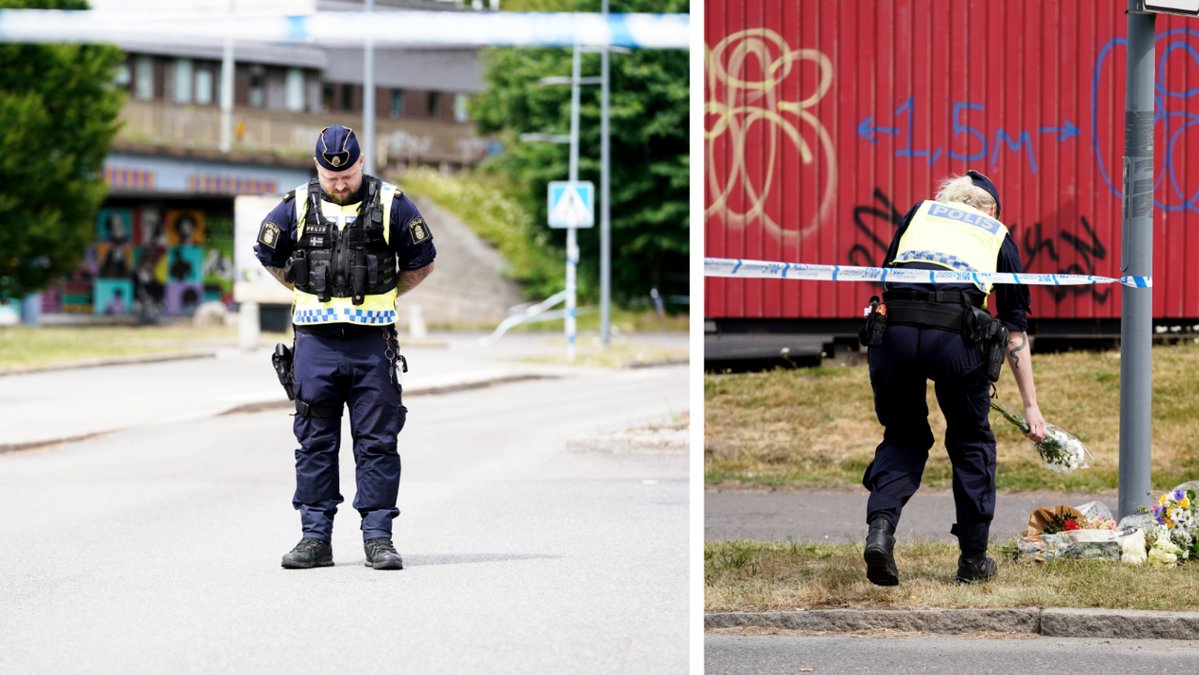 En polis lägger blommor där en polis sköts ihjäl på onsdagen.