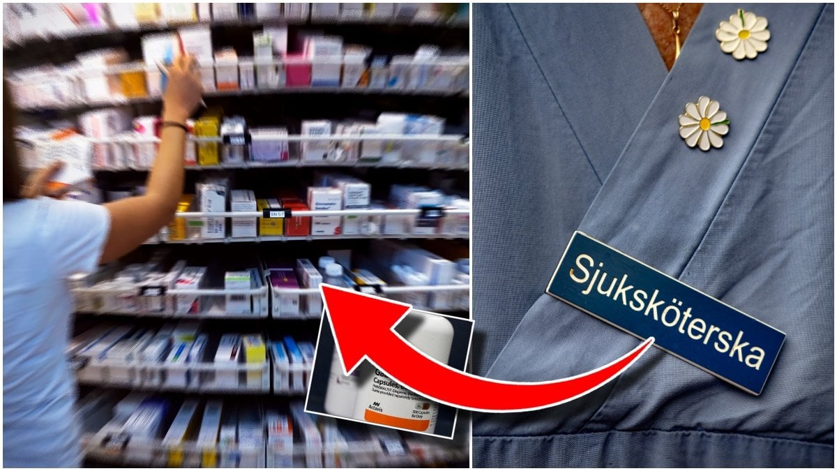 Apotekhylla och sjuksköterska skylt. 