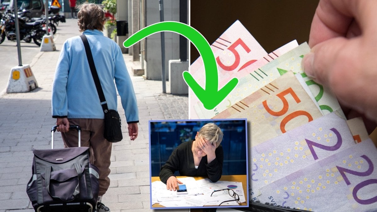 Äldre person med dramatenvagn och pengar.