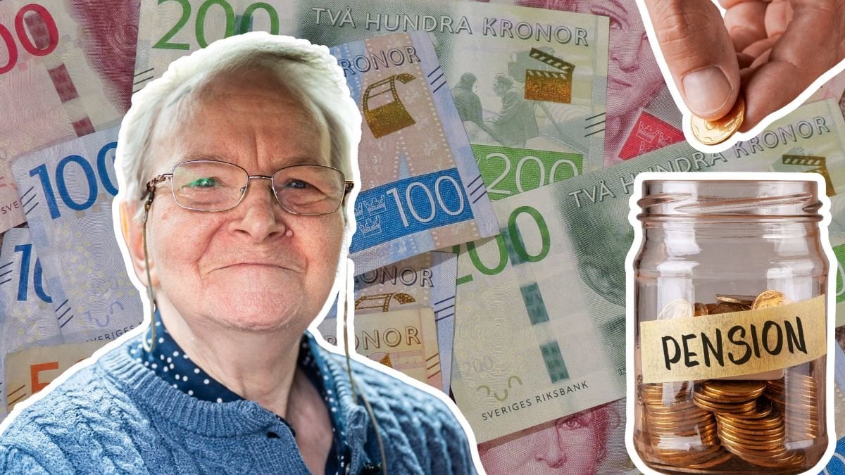 Pengar, burk med sparande till pensionen och en kvinna. 