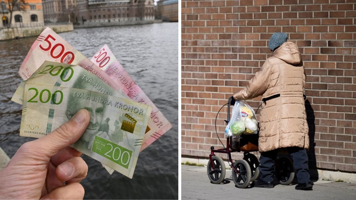 Pengar kontanter och en pensionär som har handlat mat i en butik.