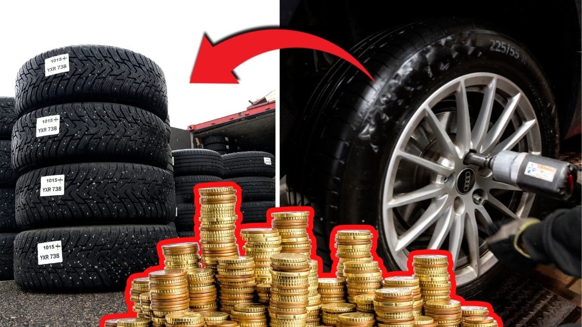 Däck på hög till vänster. Ett bildäck skruvas på till höger. En stor hög med mynt utklippt framför båda bilderna. En röd pil pekar på högen av däck. 