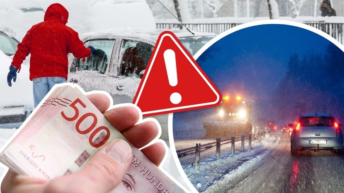 Person som skrapar en bilruta, femhundralappar i en hand och bilar på en vinterväg