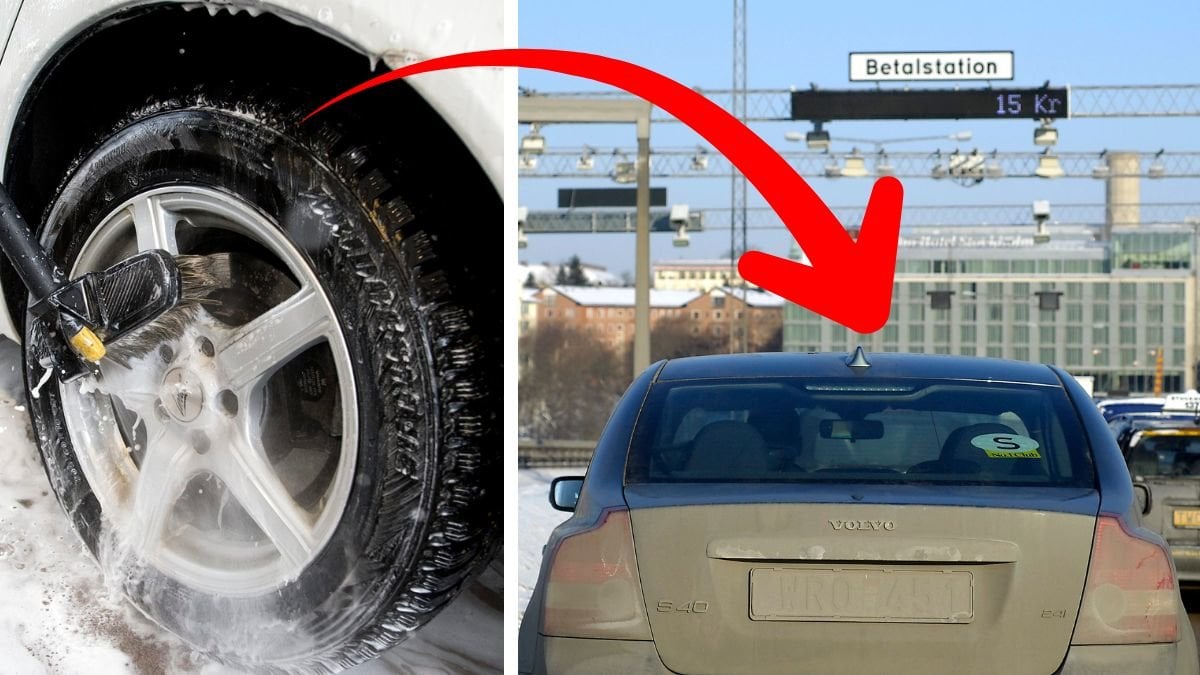 Bild på en smutsig bil och ett däck som rengörs.