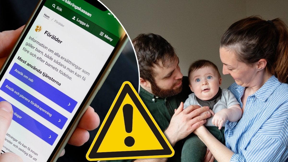 Försäkringskassans app, familj och en varningstriangel.