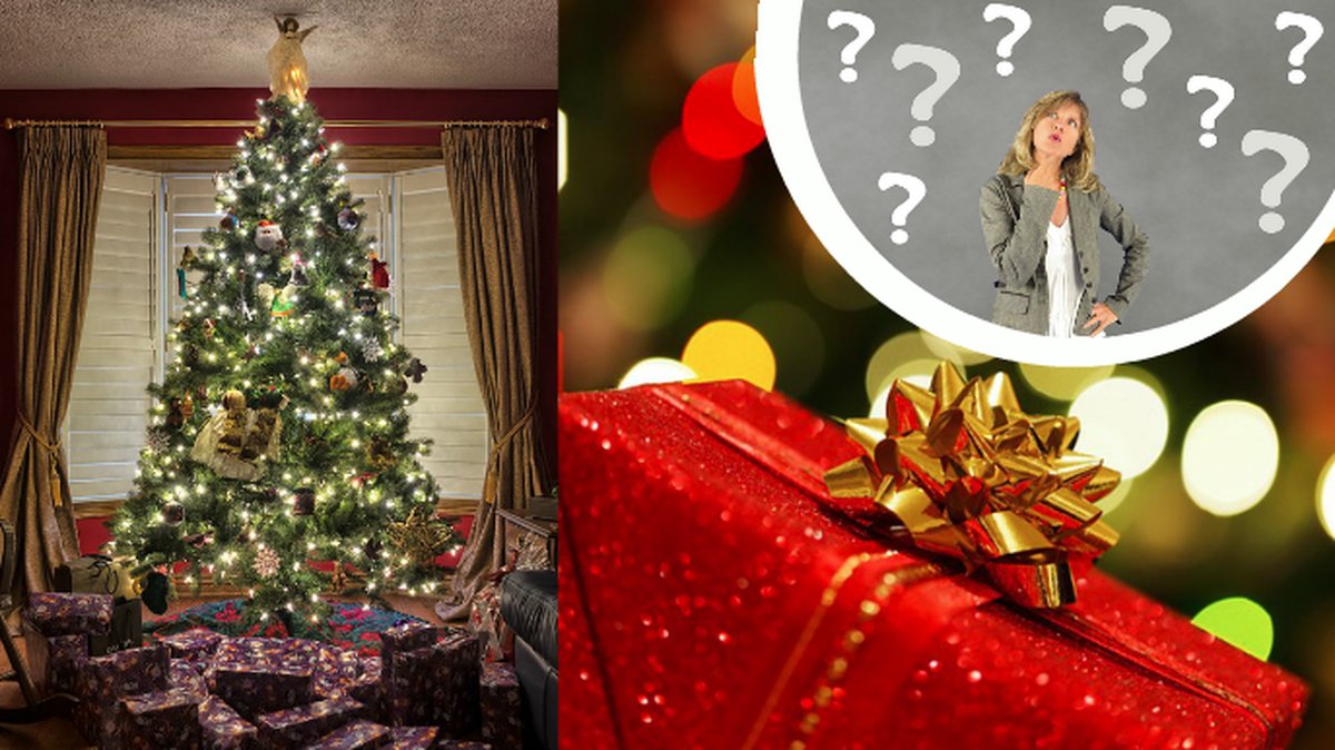 Julgran med julklappar under. en tjej som undrar 