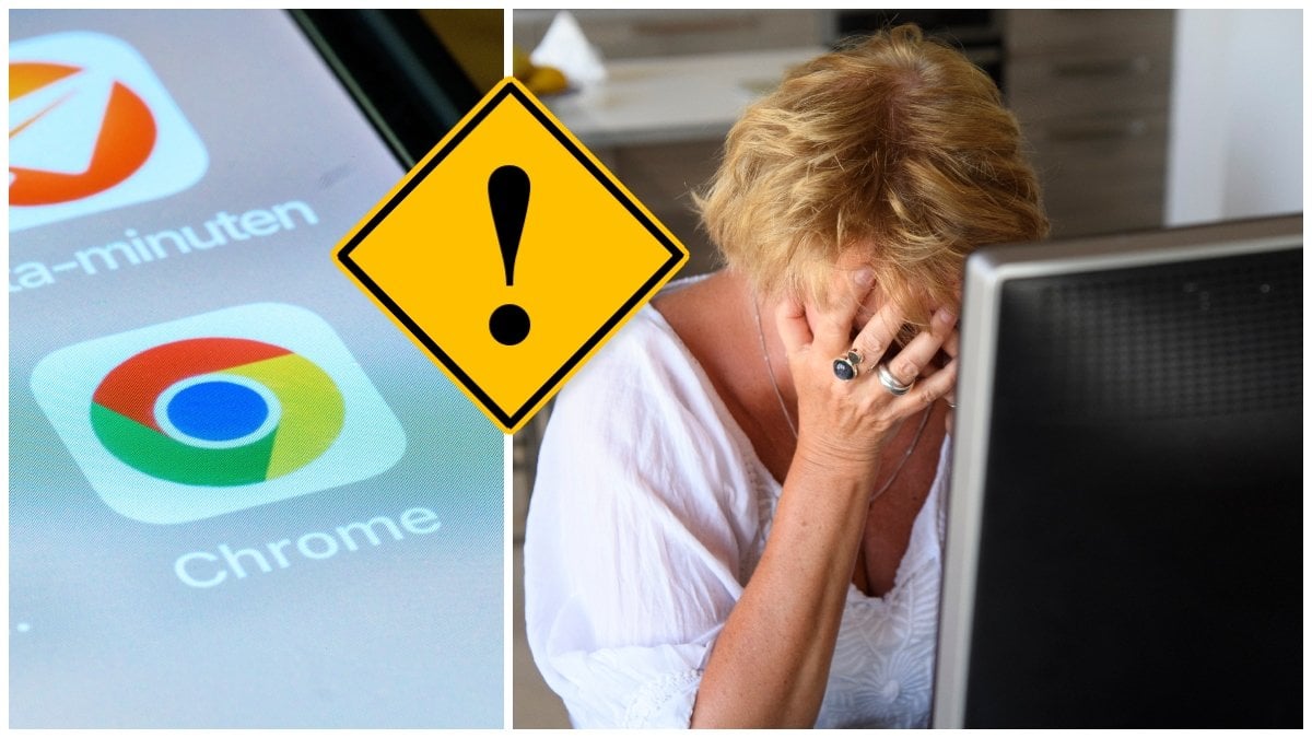 Google Chrome-app i mobiltelefon och kvinna med händerna för ansiktet framför en dator