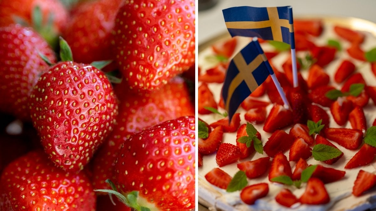 Bild på jordgubbar och en jordgubbstårta.
