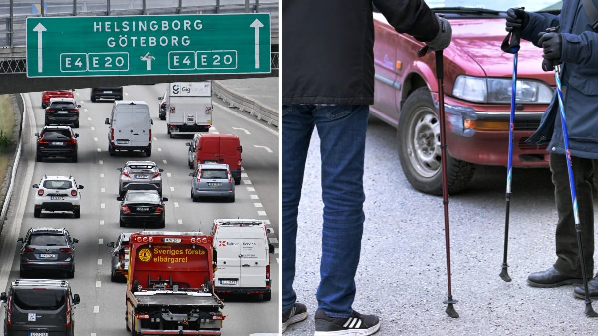 Bilkö och två pensionärer som står och pratar framför en bil.