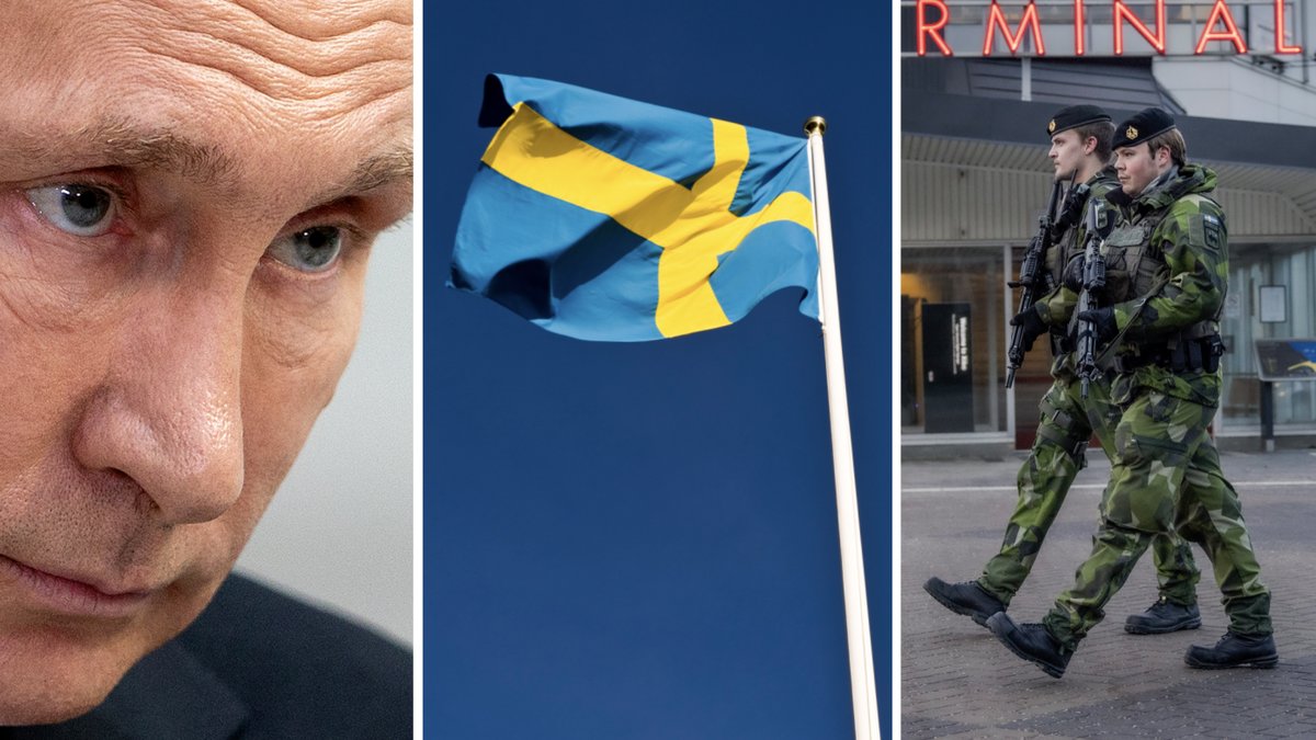 Vladimir Putin, svenska flaggan och militär på Gotland.