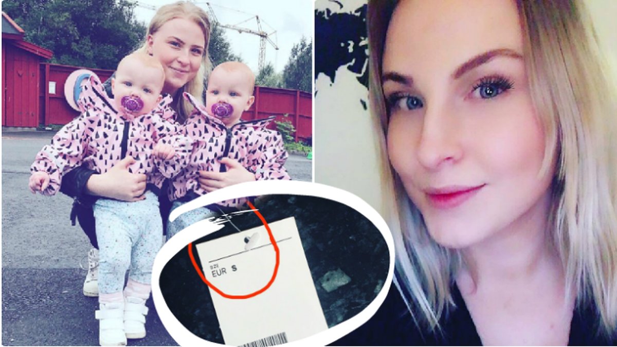 En bild på Elina och sina barn samt en bild på en prislapp.