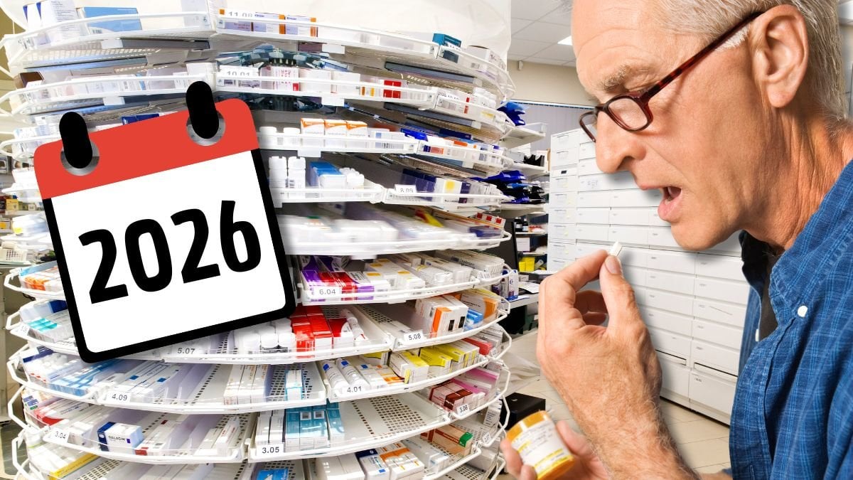 Läkemedel på apotek och en man som tar medicin