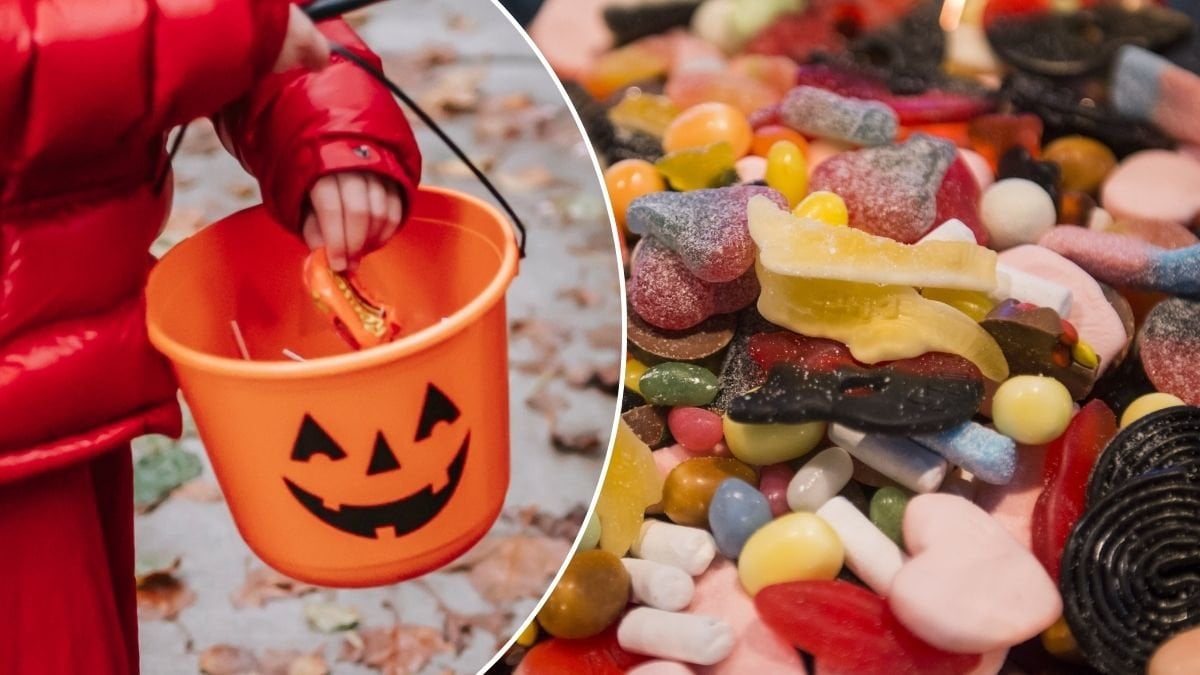 Bilder på en godishink och plockgodis.