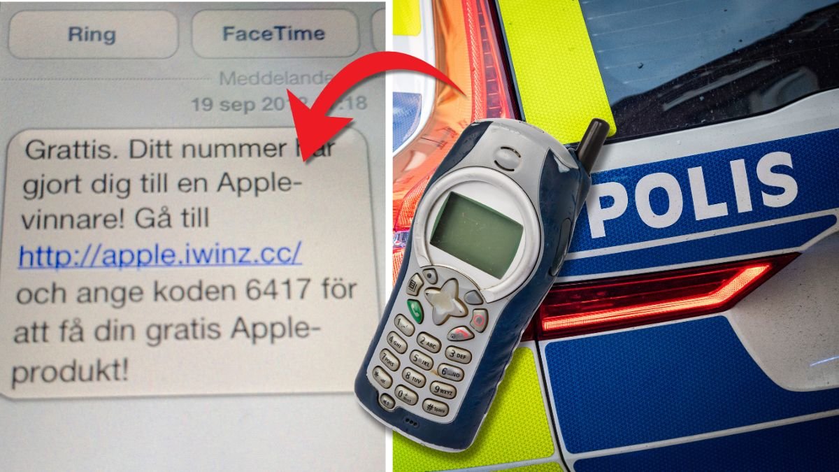 Polis varnar för bluff-sms och telefon och polisbil.