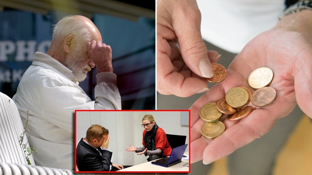 Äldre man, mynt i handen och samtal mellan två personer.