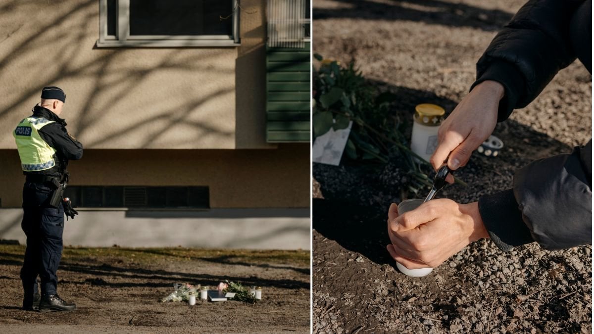 Polisman vid minnesplats och ljus.