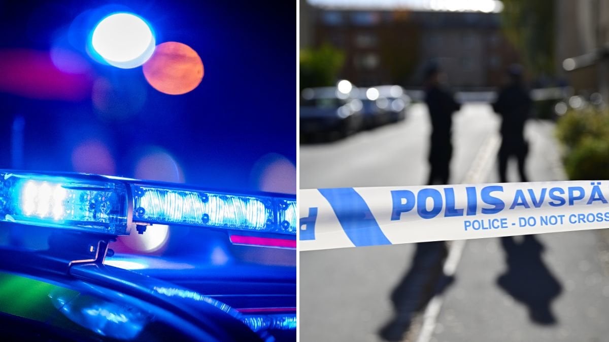 Blåljus till vänster, polisens avspärrningstejp till höger. 