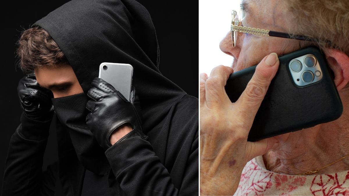 Bedragare och en kvinna som pratar i telefon.