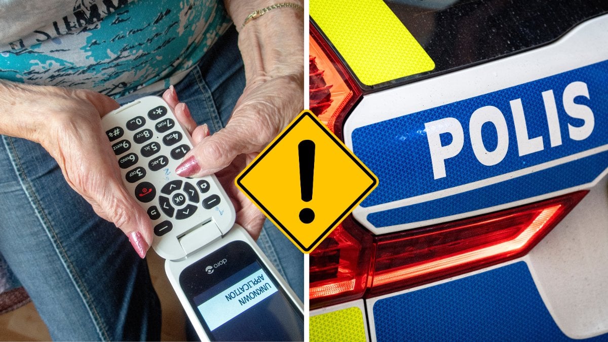Kvinna med mobiltelefon och polisbil.