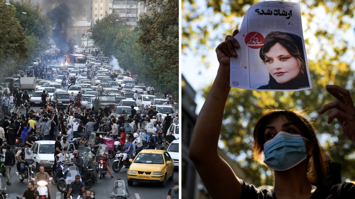 Demonstranter i centrala Teheran efter Mahsa Aminis död.