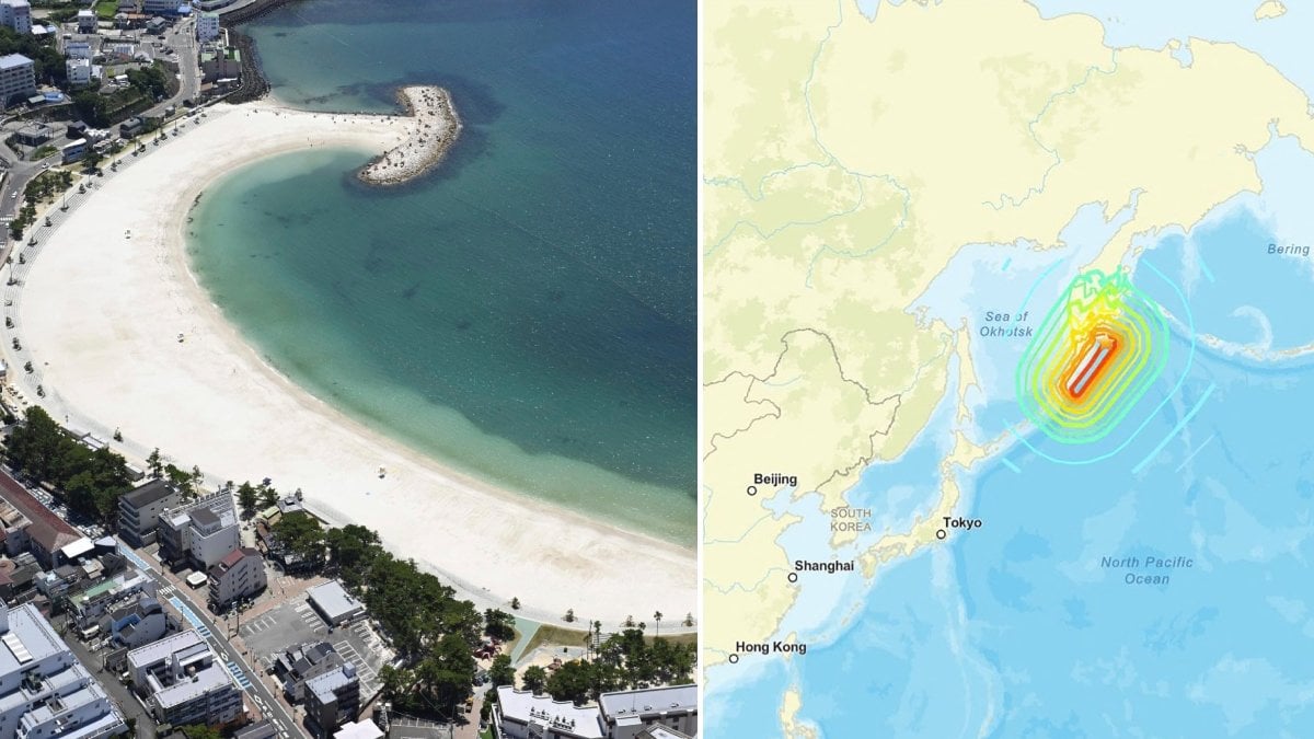 Karta som visar var jordbävningen ägde rum och bild på kust i Japan. 