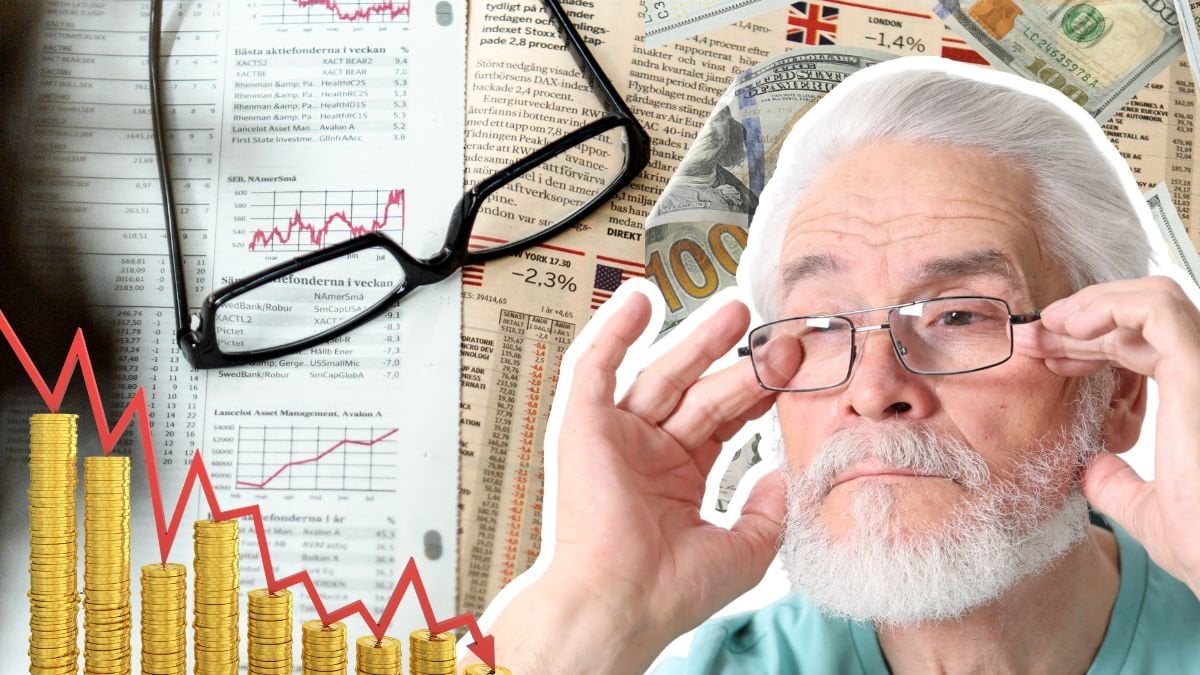 Bakgrunden, tidning med fonder och ett par glasögon som ligger på den. En äldre man med glasögon utklippt höger. Mynthög med nedgående graf vänster.