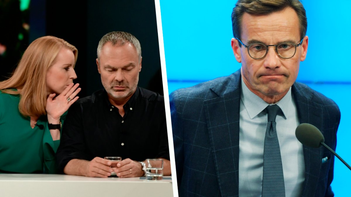 Annie Lööf viskar till Jan Björklund. Till höger Ulf Kristersson. Montage.
