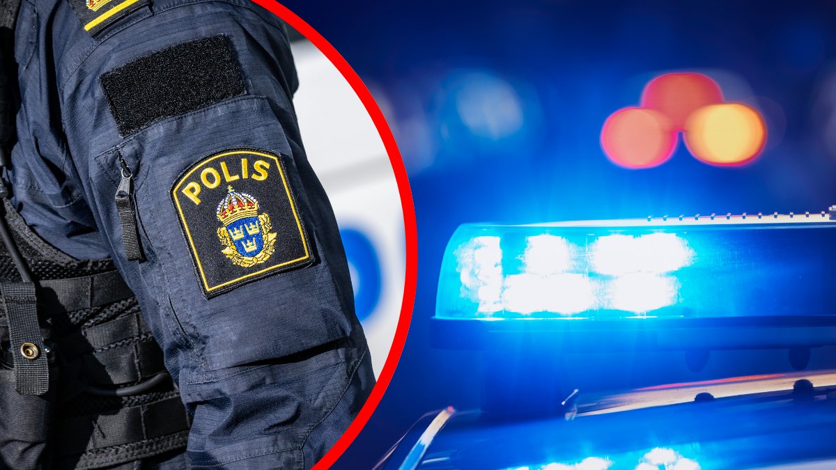 Polisarm vänster, blåljus polisbil höger.