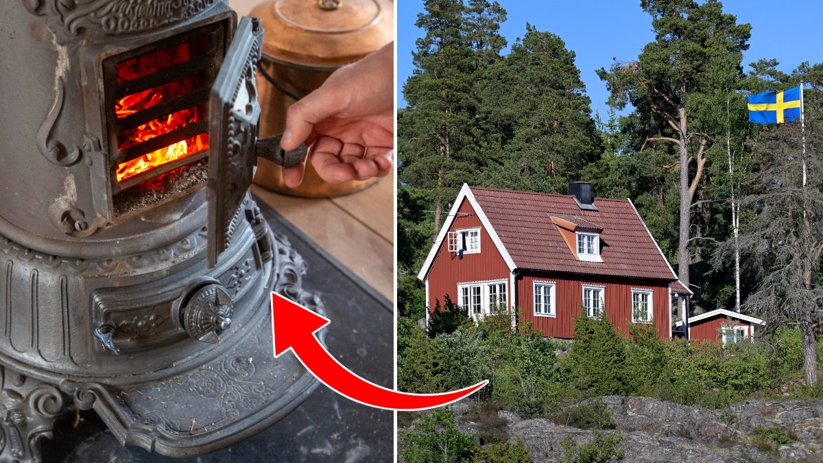 Eld i en braskamin och ett rött hus med vita knutar i Stockholms skärgård.