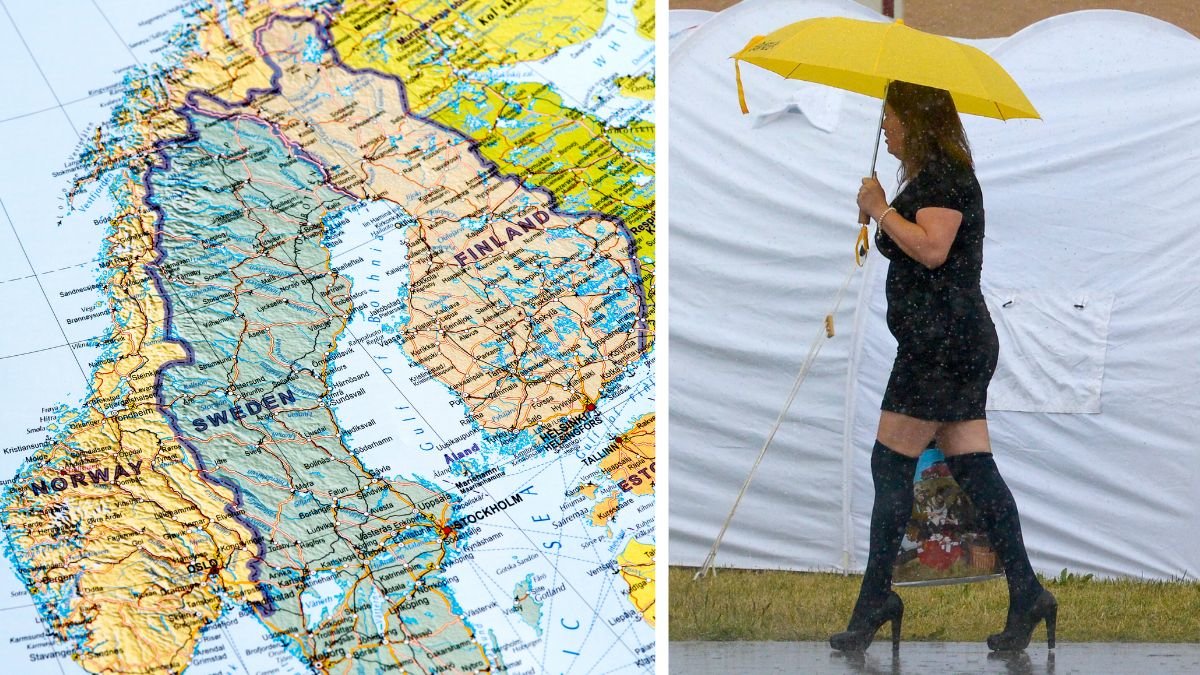 Sverige karta väderprognos och en kvinna som går med ett paraply.
