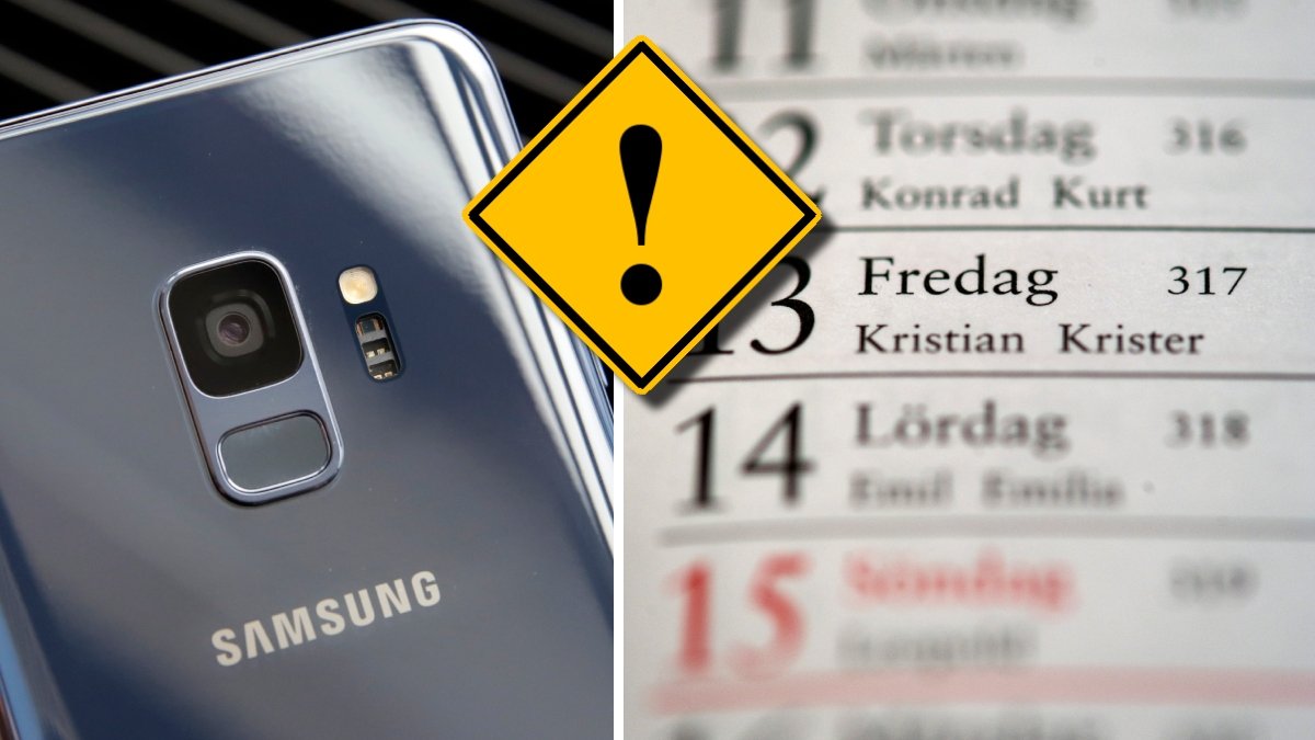 Baksidan på en Samsung-mobil och en kalender som är inzoomad på fredag den 13.