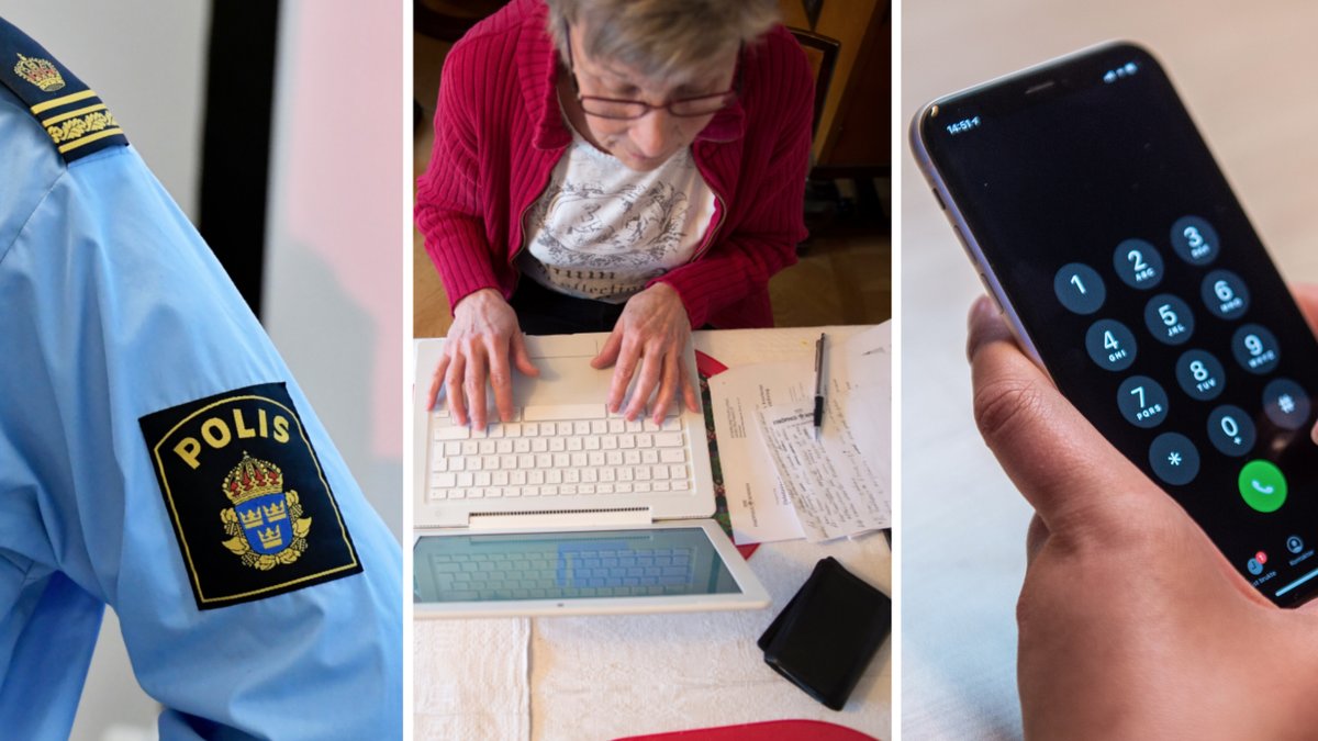 Polis, äldre kvinna vid dator och en mobiltelefon.