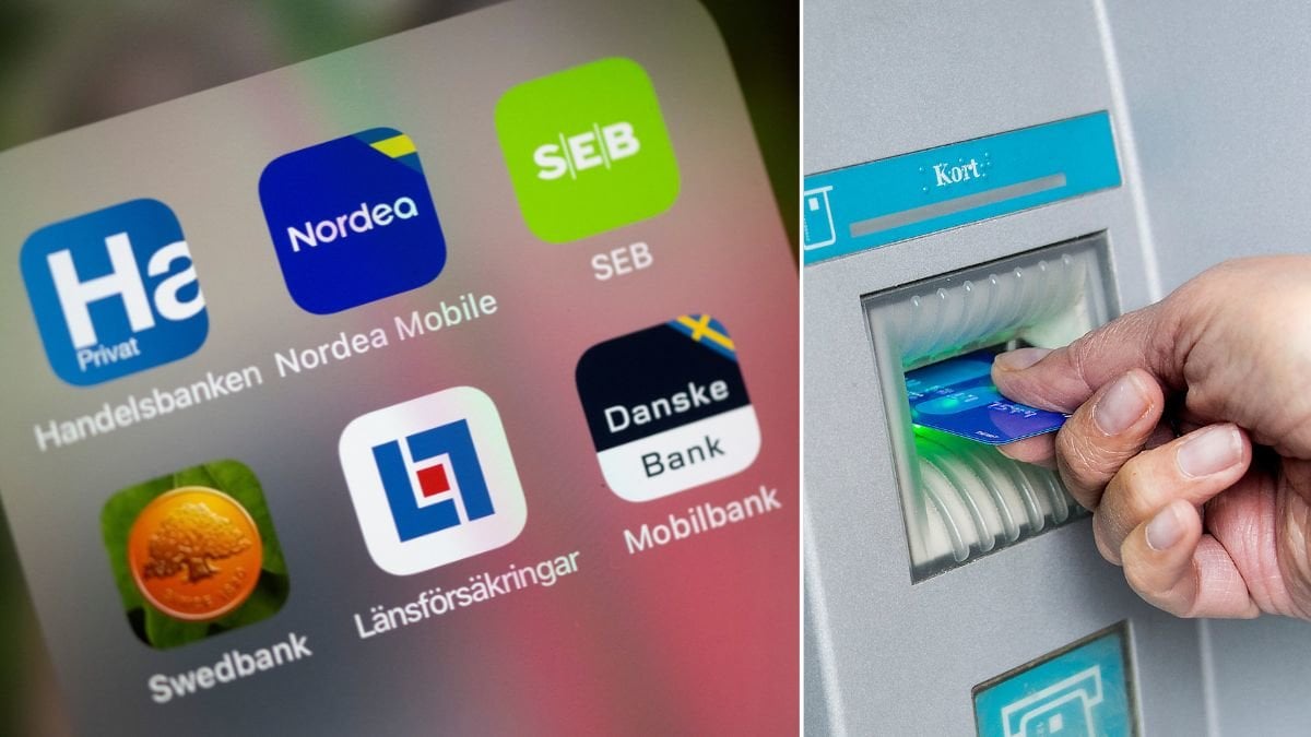Bankappar i mobilen och en person som sätter in sitt betalkort i en bankomat.
