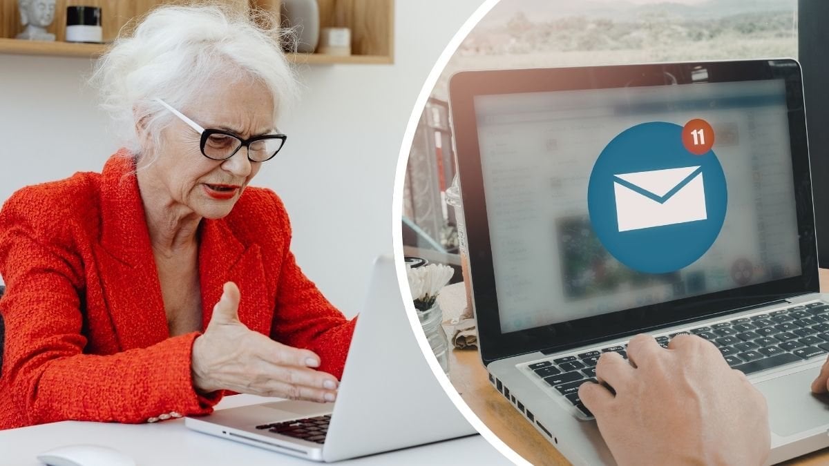 Äldre kvinna vid dator och mejl-notis