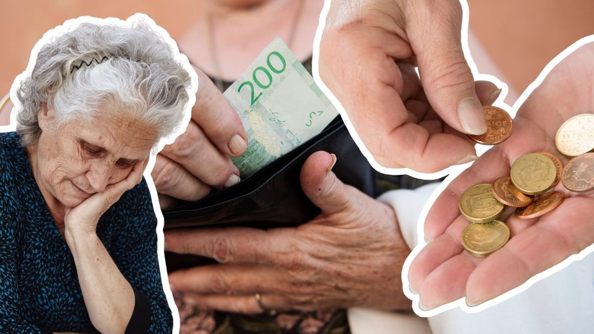 Pengar, plånbok och en äldre kvinna som ser ledsen ut.