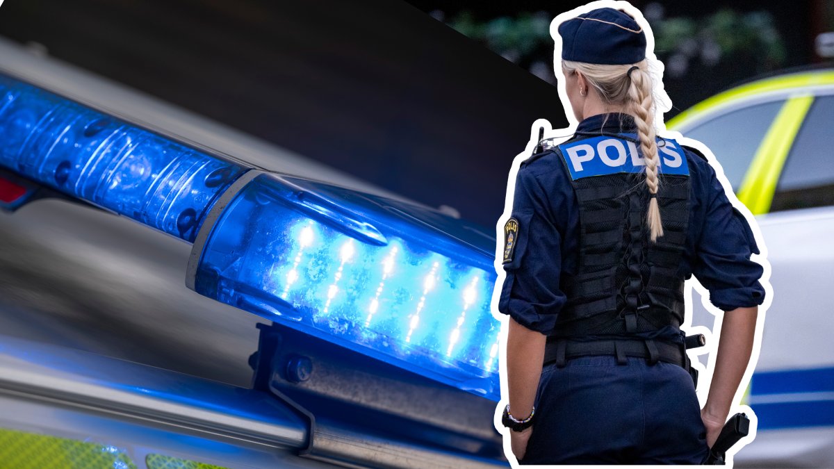 Blåljus polisbil vänster. En kvinnlig polis till höger.