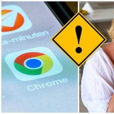 Google Chrome-app i mobiltelefon och kvinna med händerna för ansiktet framför en dator