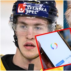 Hockeyspelaren Simon Edvinsson och Peter Forsberg och en bild på en mobil med swishsymbol.