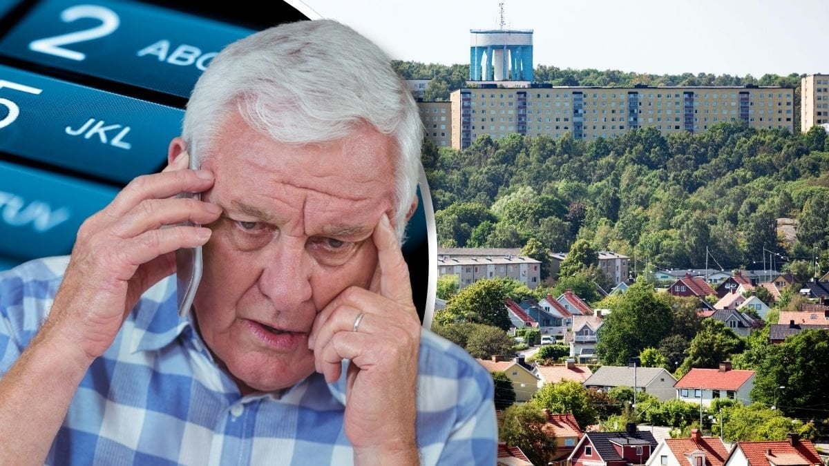 Äldre man som pratar i telefon och bostadsområde i Göteborg
