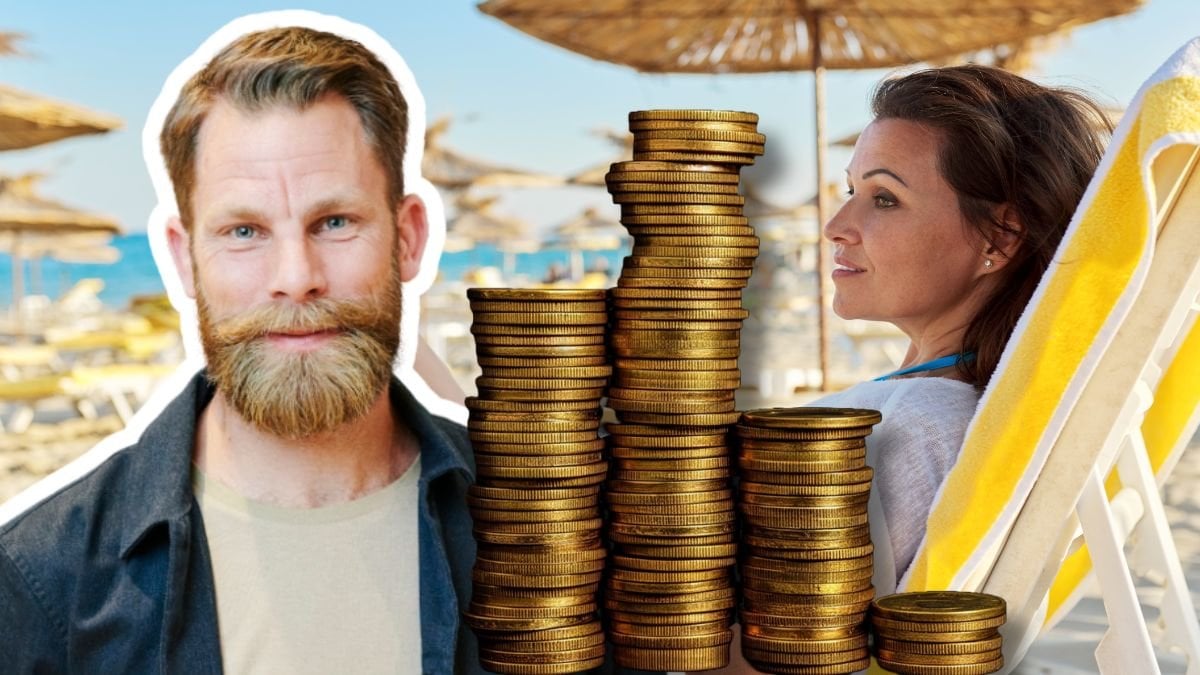 Magnus Hjelmér, kvinna på solstol och mynt staplade på hög