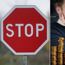 Stoppskylt och man med ansiktet i händerna.