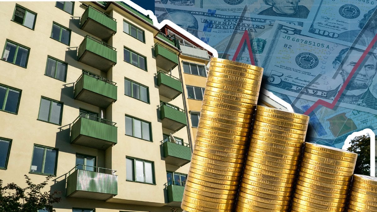 Ett lägenhetshus, med kontanter i himlen. Utklippt mynthög till höger.
