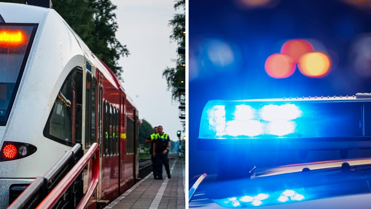 Tåg vänster. Blåljus från polisbil höger.