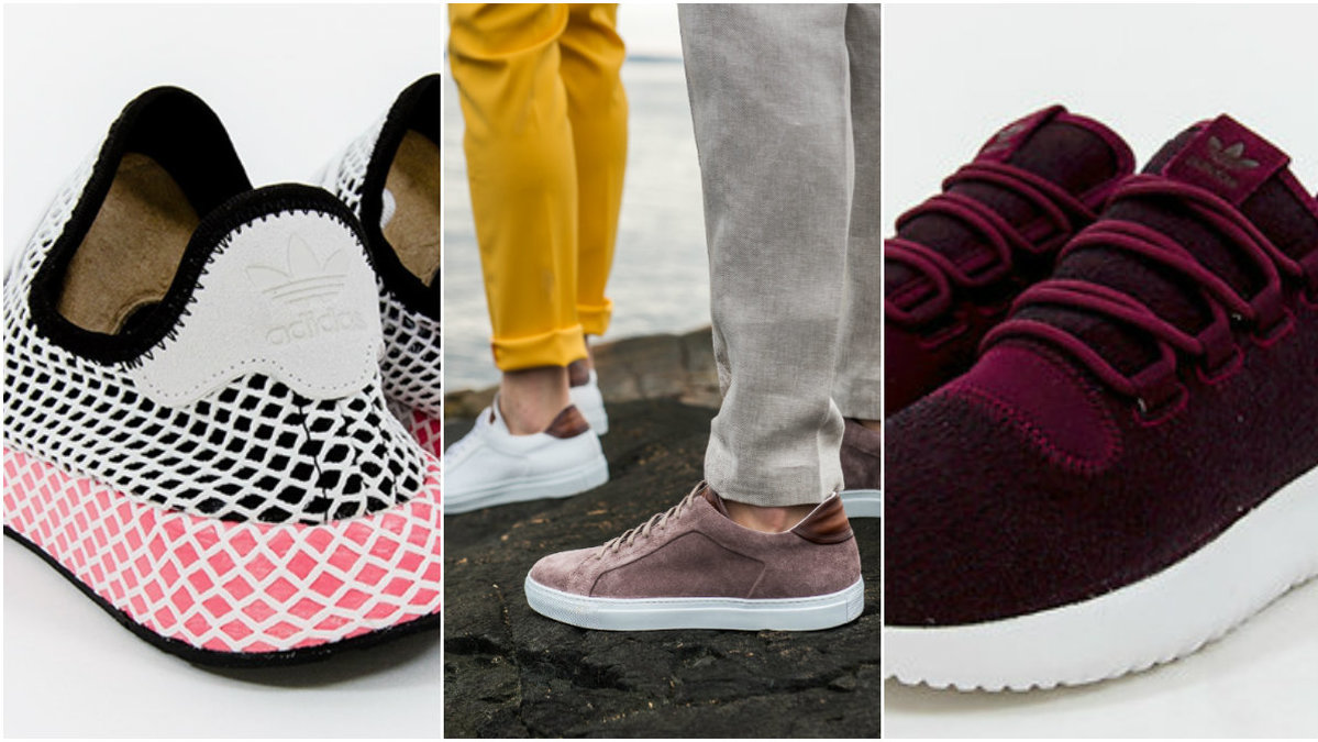 Adidas skor, killar med sneakers, röda skor.