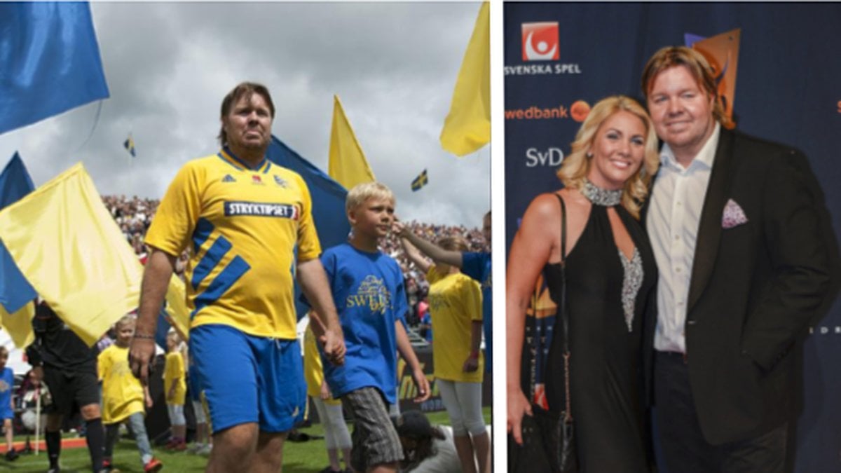 Tomas Brolin i landslagskläder på fotbollsplan. Tomas Brolin och hans fru