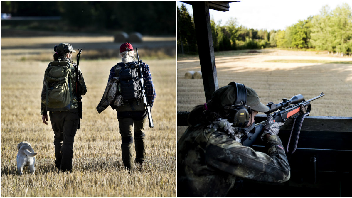 Två jägare och en hund, en jägare siktar med sitt gevär.