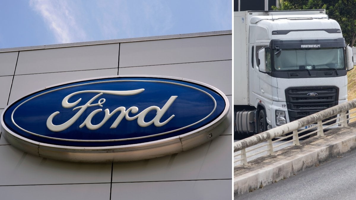 Bilder på en Fords-lastbil och skylt.