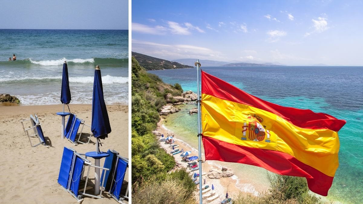 Spanien strand och spaniens flagga.